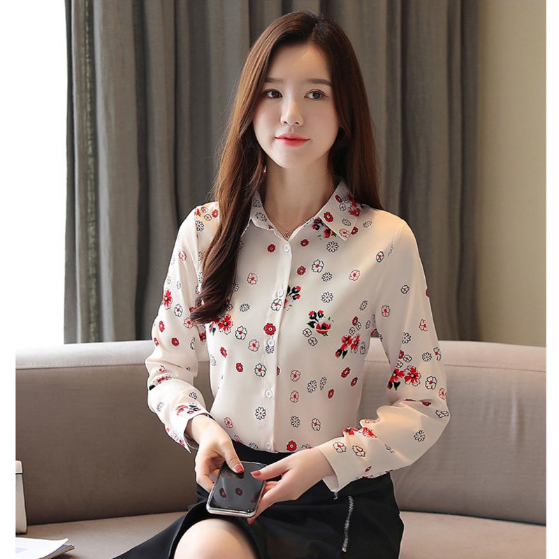 áo kiểu nữ  áo sơ mi tay ngắn áo sơ mi Áo Sơ Mi Chiffon Tay Dài In Họa Tiết Phong Cách Hàn Quốc Thời Trang Mùa Xuân 2022 Cho Nữ