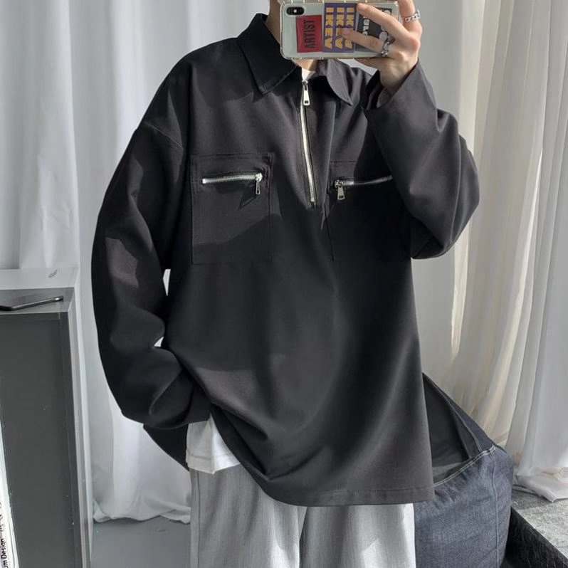 ♞AFF LIGA♞ Áo Sơ Mi Tay Dài Dáng Rộng Màu Trơn Phối Túi Đơn Giản Thời Trang Hàn Quốc Mới Cho Nam