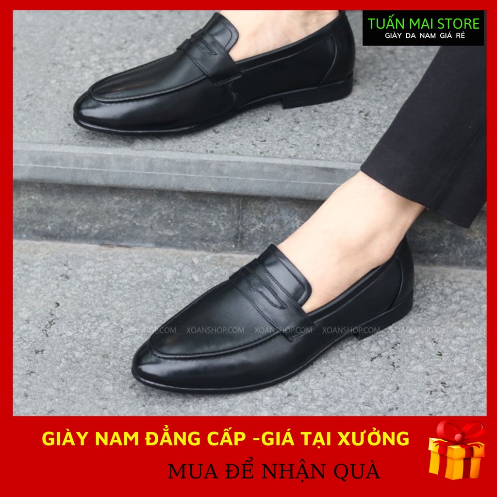 {ĐẾ KHÂU CỰC BỀN} Giày Lười Nam Đen Trơn _Giày Da Nam Đế Cao Su Đúc 3cm ✅ Mã T01