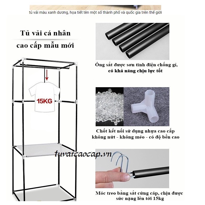 Tủ vải khung thép siêu bền, chịu lực tốt, đựng quần áo thiết kế 2 buồng 3D với nhiều ngăn đựng