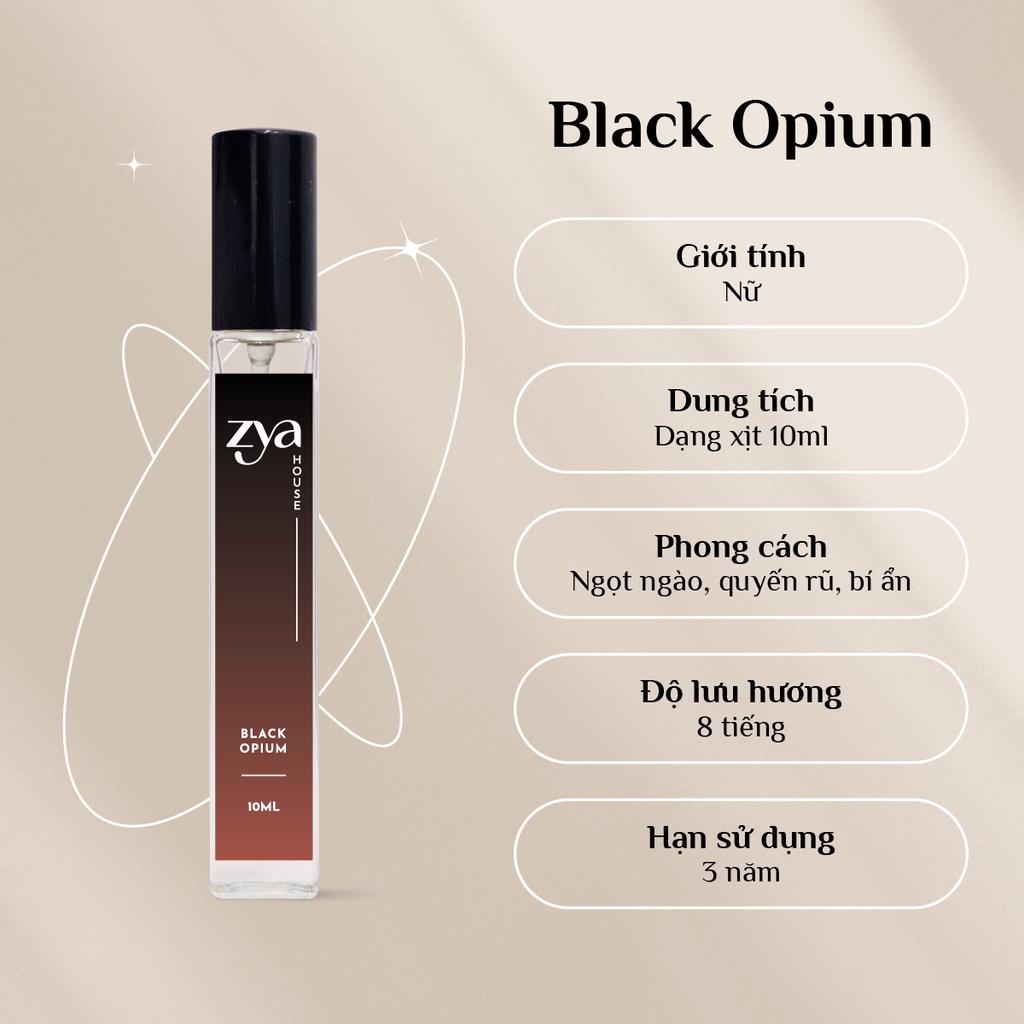 Nước Hoa Nữ Zya Black Opium Hương Vanille Cá Tính, Cuốn Hút Ánh Nhìn, Lưu Hương Trên 6 Tiếng - Dung Tích 10ml Dạng Xịt