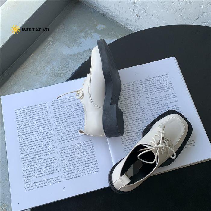 Giày Da Mũi Vuông Cột Dây Phong Cách Anh Quốc Thời Trang 2022 Cho Nữ