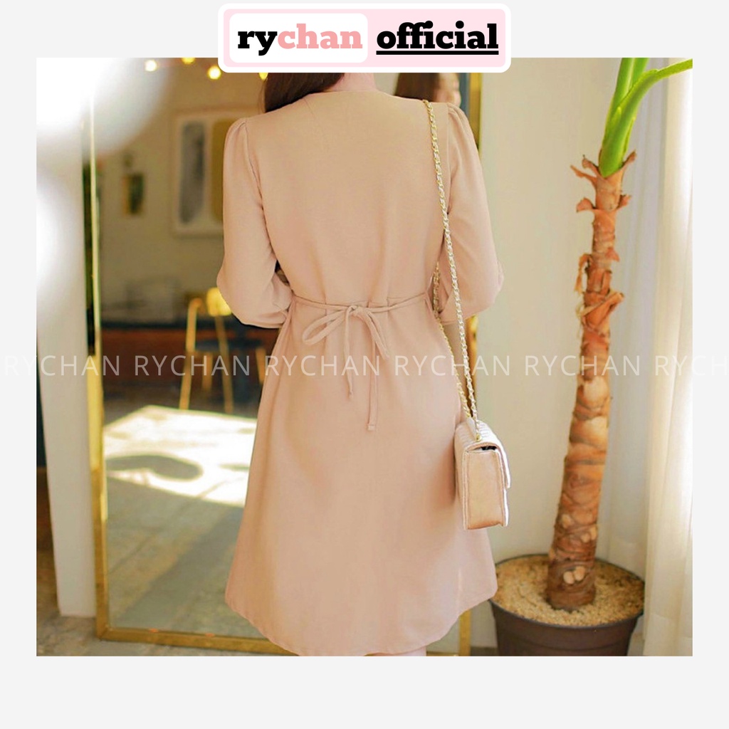 Đầm Xòe Midi Nude Cổ V Tay Dài Buộc Lưng  - DX9681