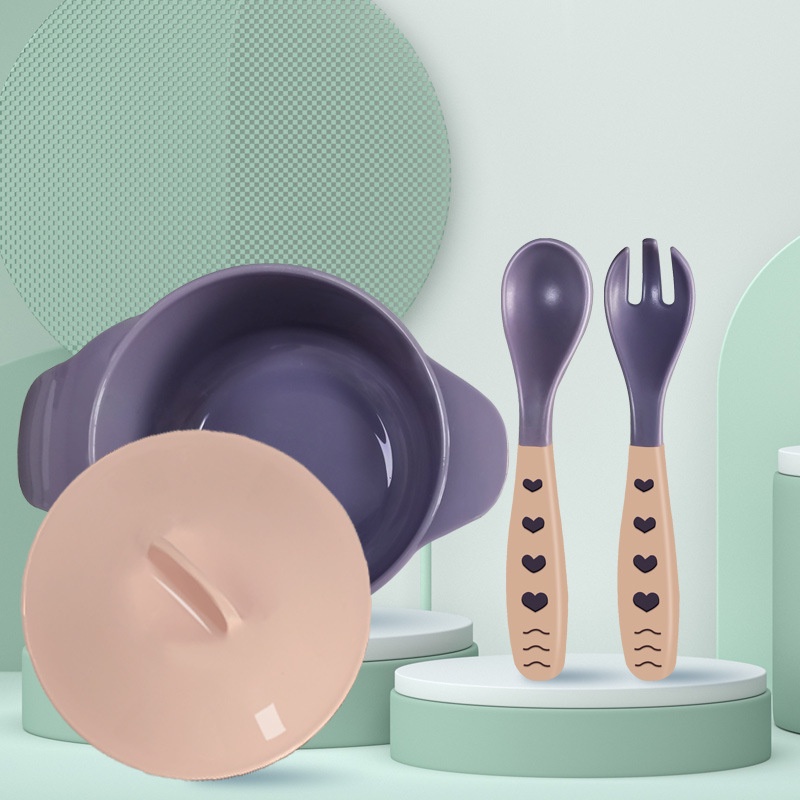 [Siêu rẻ] Bộ bát ăn dặm kèm thìa nĩa loại dày đẹp có đế chống đổ