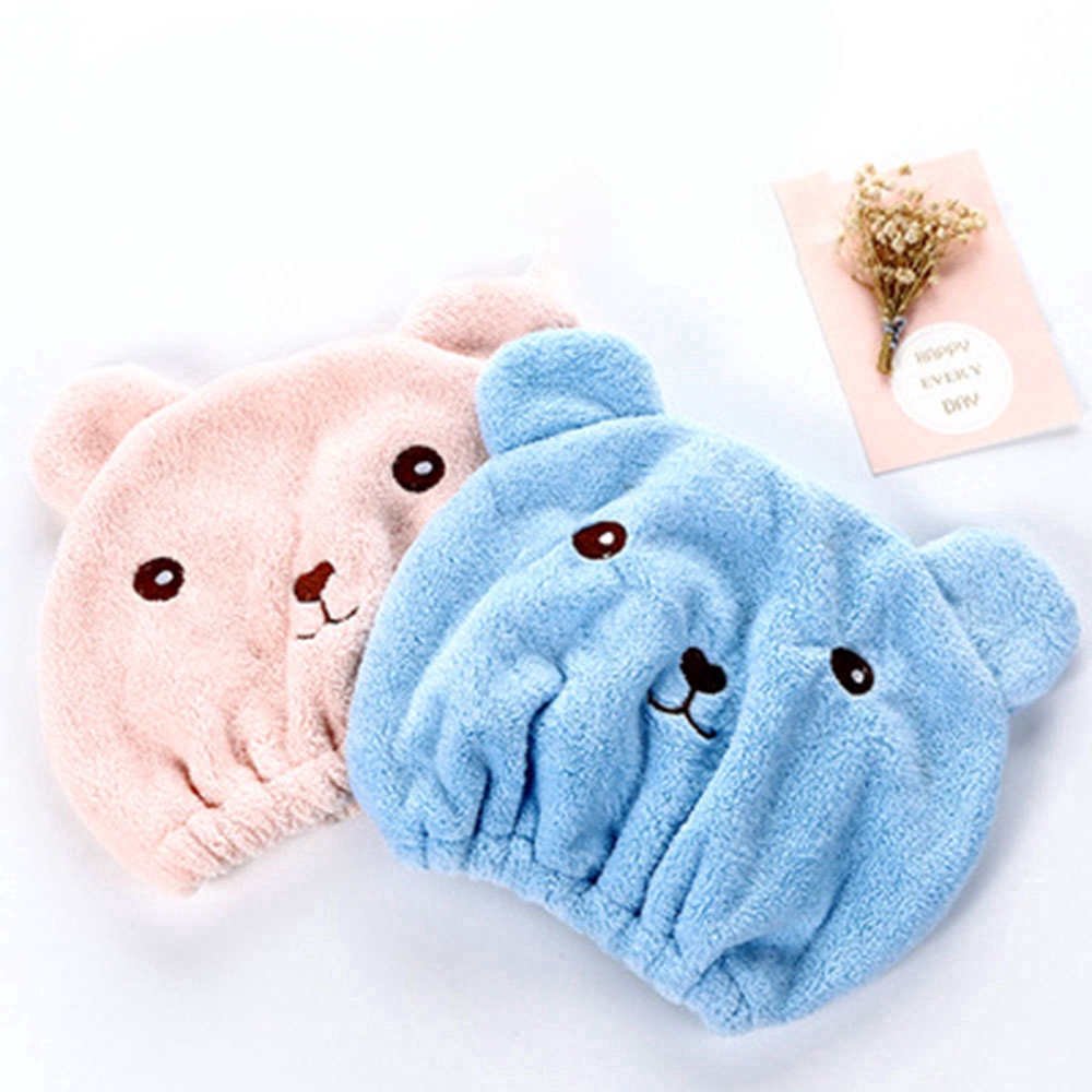 [Hàng mới về] Mũ trùm đầu làm khô tóc nhanh chóng màu xanh lam/hồng in hình gấu cho nữ