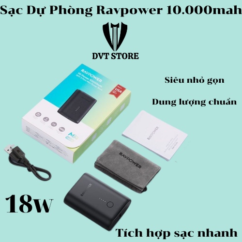 Pin Sạc Dự Phòng RAVPower 10000mAh Siêu Nhỏ Gọn Sạc Nhanh 18W - Bảo Hành 6T
