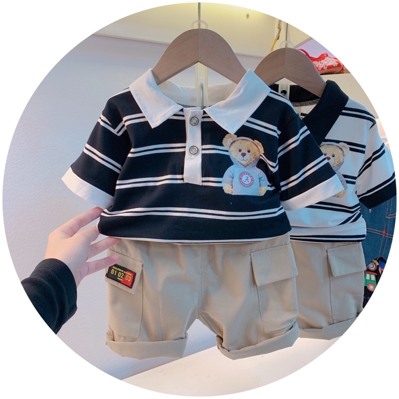 Hàng QC - Set áo polo gấu quần túi hộp cho bé trai cực xinh
