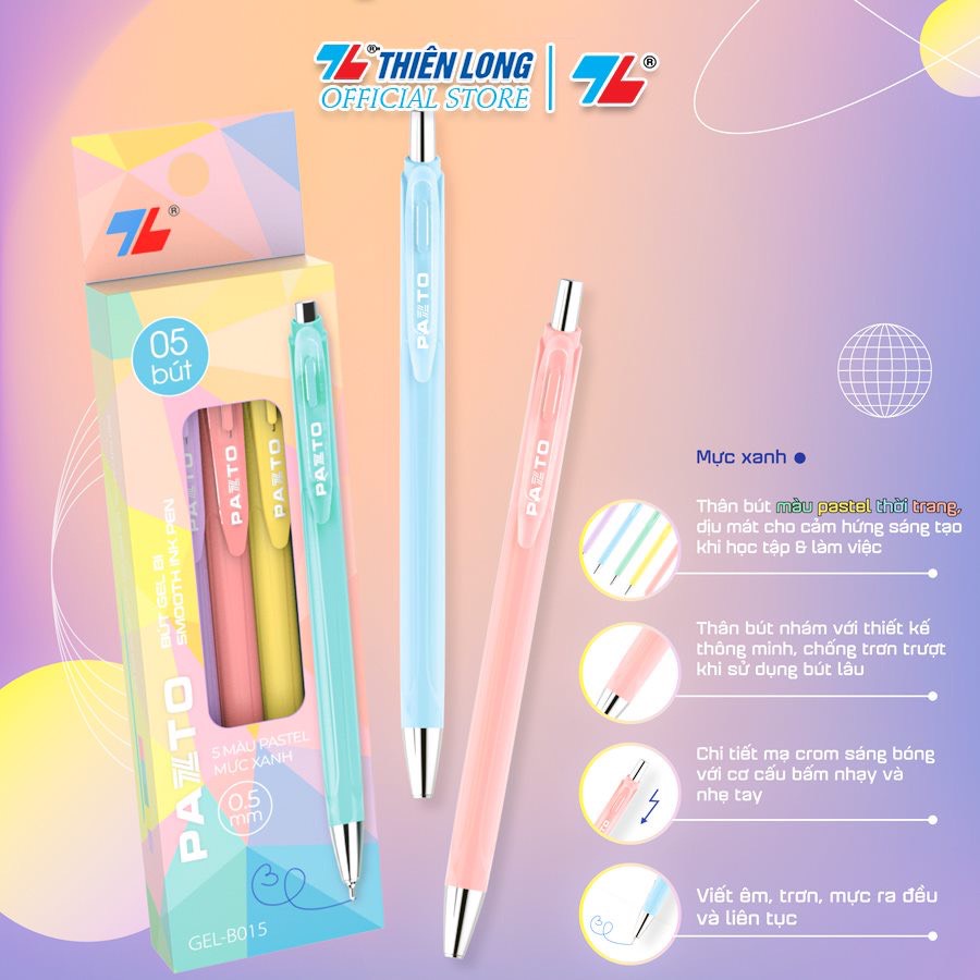Bút gel B màu Pastel Thiên Long Pazto GEL-B015 - Mực xanh