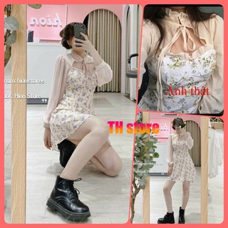 Váy đầm nữ hoa nhí tay dài dáng xòe cổ nơ khoét ngực dễ thương