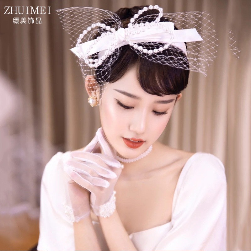 Băng đô dây hạt kết nơ và lưới phong cách cổ điển