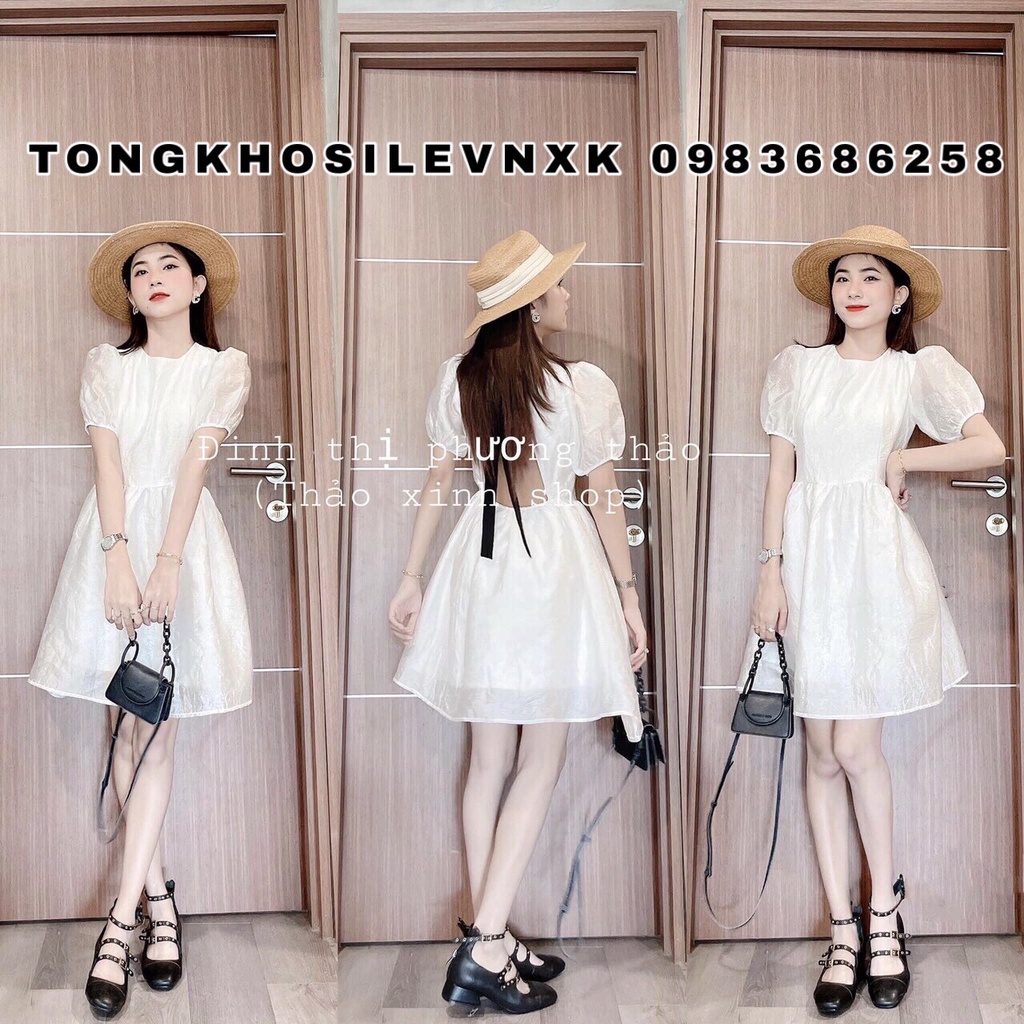 VÁY TAY PHỒNG NƠ ĐEN SAU LƯNG CHUN EO - ĐẦM TRẮNG 2 LỚP TIỂU THƯ DÁNG XÒE NHẸ NHÀNG