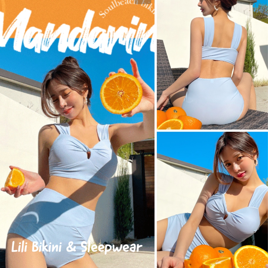 Bikini Hàn Quốc, đồ bơi áo xoắn nâng ngực, quần cạp cao giấu bụng màu xanh Pastel siêu đẹp hot trend 2023