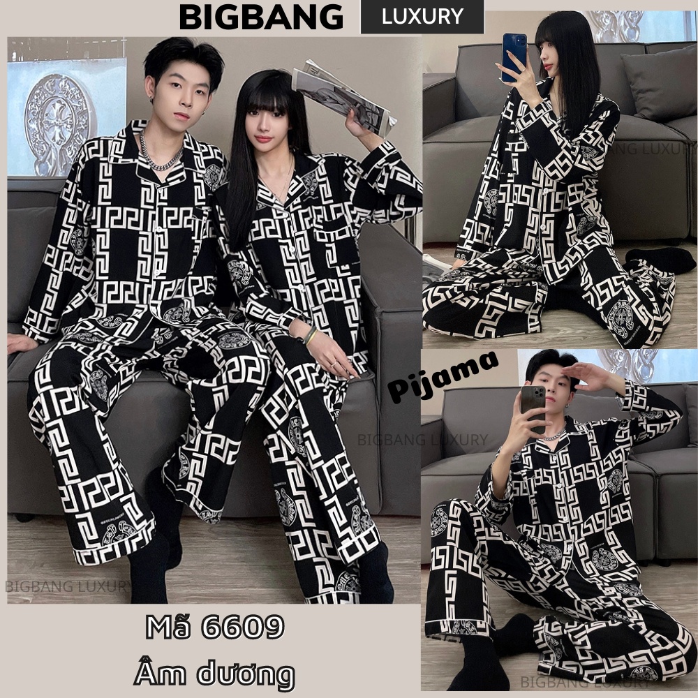 Pijama dài tay lụa Bigbang Luxury dành cho cặp đôi cao cấp Bộ đồ ngủ pijama nam nữ mặc nhà chất lụa bóng siêu mềm