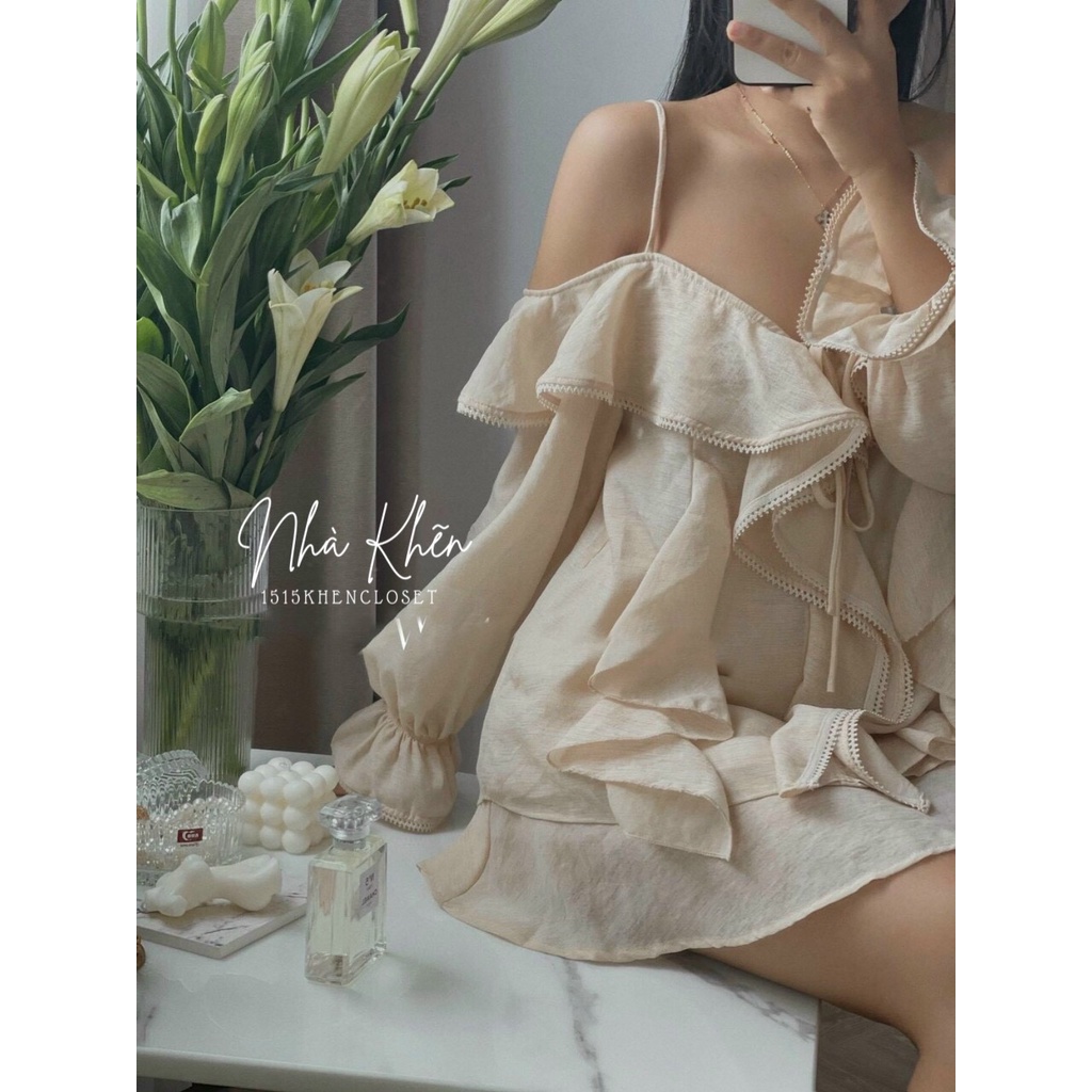 Set áo bèo rớt vai chân váy tầng