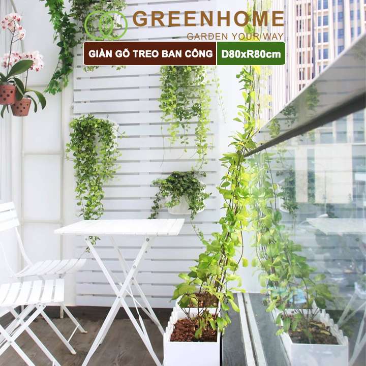 Giàn gỗ treo ban công, Greenhome, R80xC80cm, gỗ tràm siêu bền, màu gỗ, làm khung hoa hồng leo, bông giấy