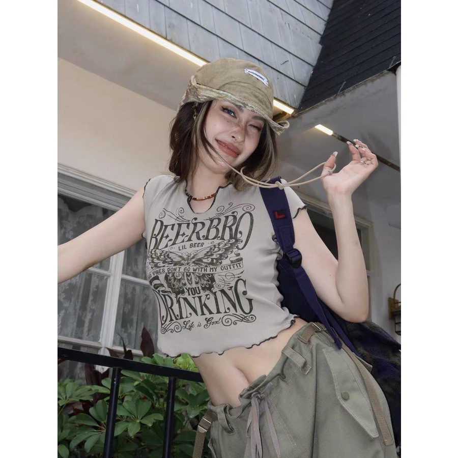 Áo Thun Tay Ngắn Cổ Chữ V Phong Cách Retro Mỹ Thời Trang Cho Nữ