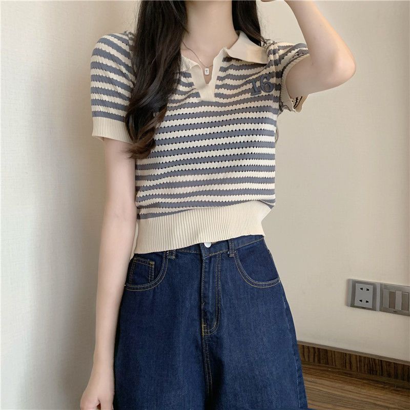 Áo Thun polo Dệt Kim Tay Ngắn Dáng Ôm Thêu Họa Tiết Kẻ Sọc Thời Trang Xinh Xắn Cho Nữ