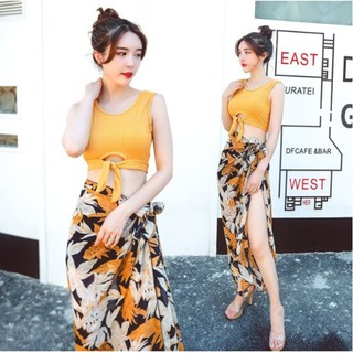 CÓ SẴN set đồ bơi 3 mảnh vàng nâu kèm khăn voan