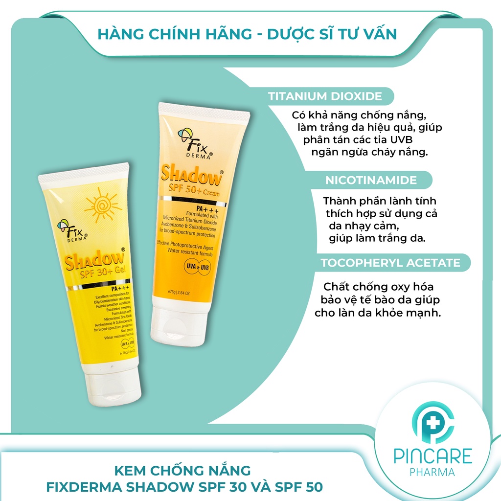 Kem chống nắng Fixderma Shadow SPF 50+ và SPF 30+ Cream 75g - Hàng chính hãng - Nhà Thuốc PinCare