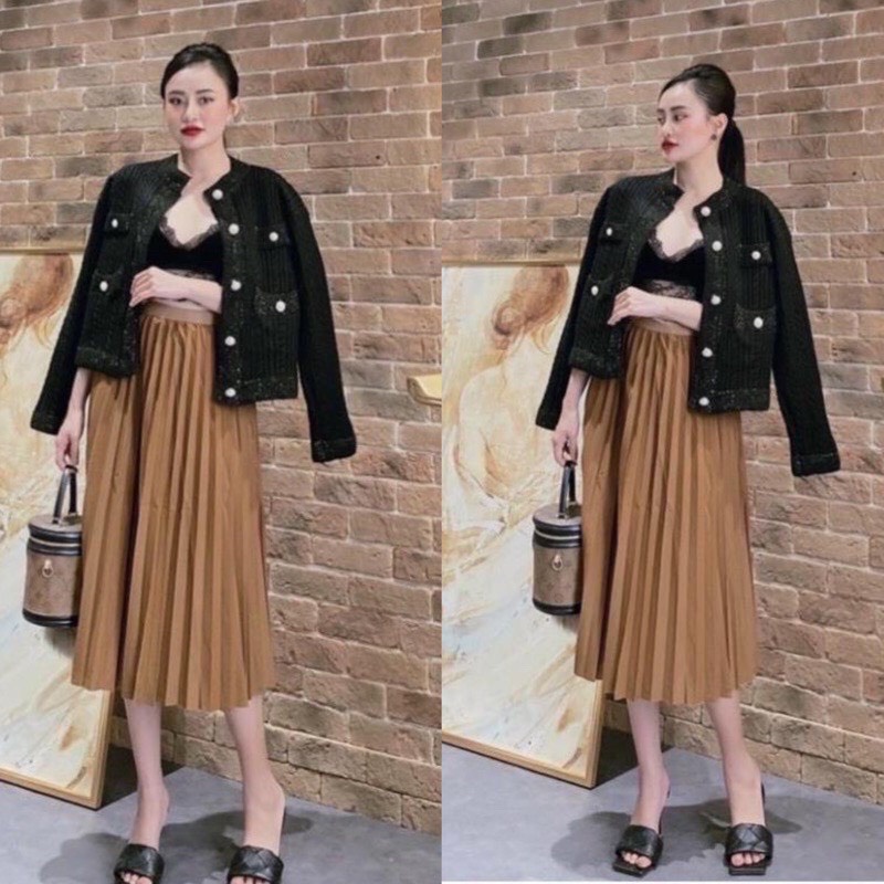 [Quà tặng là chun tóc nữ tính nhiều màu] Chân váy xếp ly cạp chun vải đanh bóng nhẹ dáng dài Lucy Outfit thiết kế | BigBuy360 - bigbuy360.vn