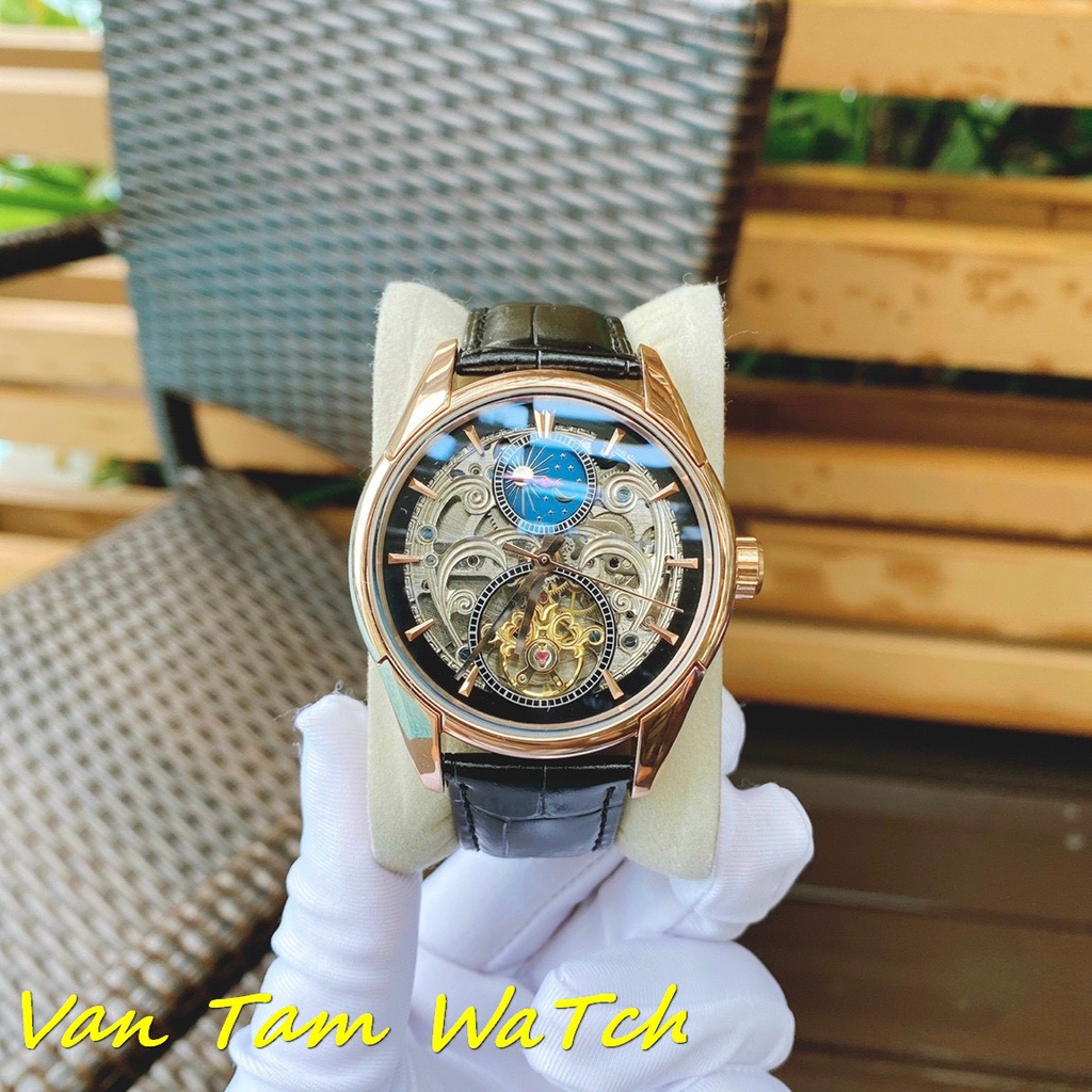 Đồng hồ nam Omega lộ cơ 2 mặt 43mm máy ETA thuỵ sĩ, mẫu mặt tròn màu vàng, kim báo ngày đêm, dây da cao cấp