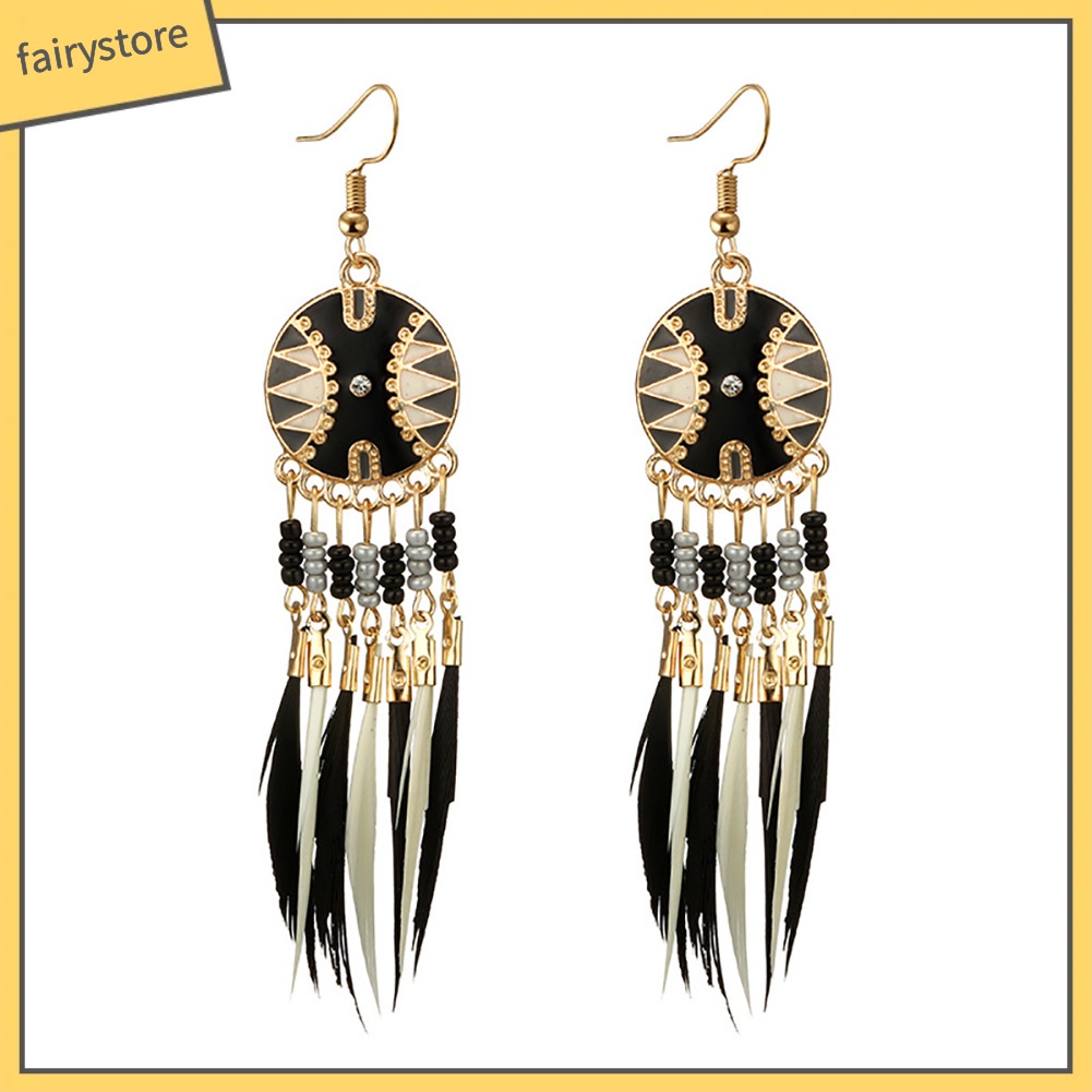 Bông tai hình dreamcatcher đính lông vũ phong cách cổ điển