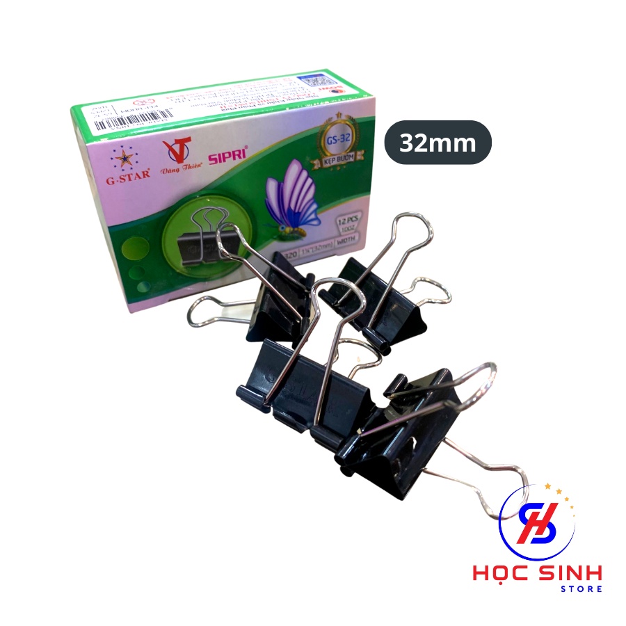 Hộp 12 Cái Kẹp Bướm 32mm Đen Gstar Size Trung Kẹp tài liệu - Học Sinh Store
