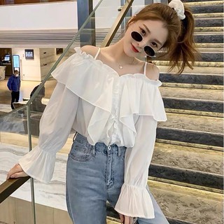 Áo kiểu trắng rớt vai tay bo🌟