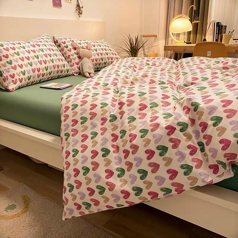 Bộ chăn ga gối poly cotton HQ mưa tim sắc màu nhập khẩu cao cấp - Bo chun ga miễn phí