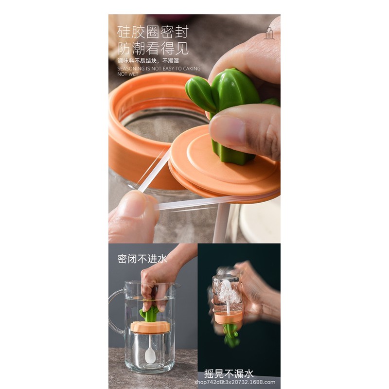 Bộ đựng gia vị nhà bếp nắp xương rồng, kèm thìa tiện dụng cao cấp dễ thương chống ẩm tuyệt đối [Haza Home Decor] | BigBuy360 - bigbuy360.vn