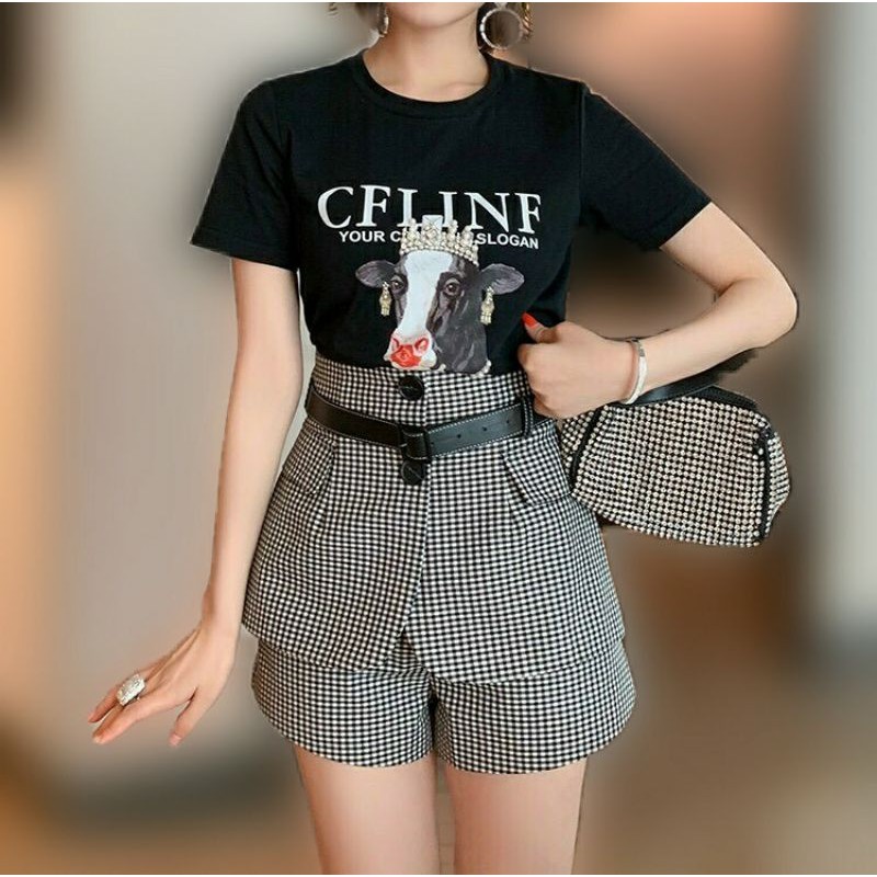 Hàng nhập - Set bộ nữ short caro peplum, bộ đùi nữ cotton lụa áo thun thời trang sành điệu