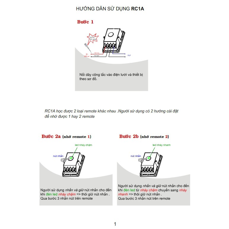 Công Tắc Tắt Mở Thiết Bị Điện Bằng Điều Khiển Từ Xa (RC1A) Công Suất Lớn.