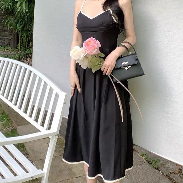 Đầm Hai Dây Cổ Chữ V Màu Đen Phong Cách Pháp Cổ Điển Thời Trang Mùa Hè Cho Nữ