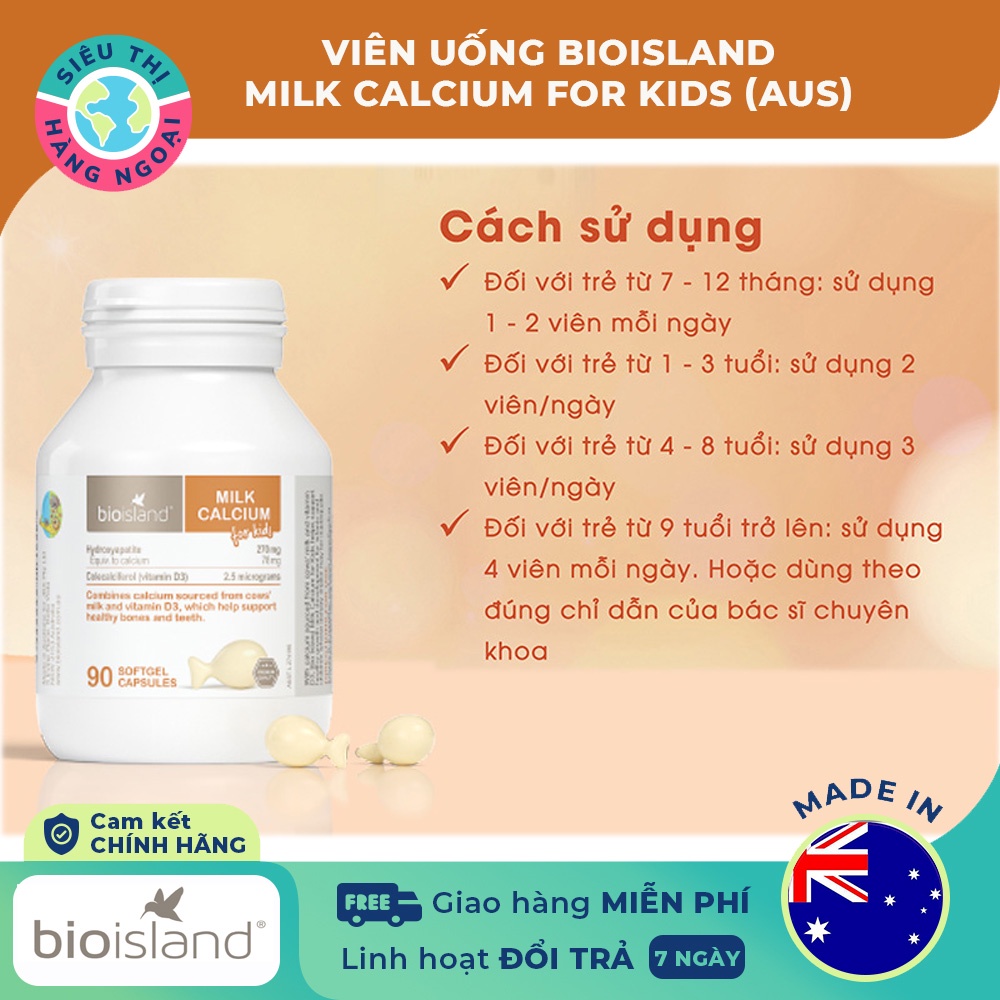 Viên Bổ sung Canxi sữa cho bé của Úc Bio Island Milk Calcium Kids 90 viên