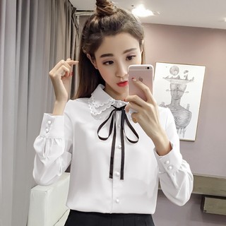 Áo Sơ Mi Dài Tay Phối Dây Rút Thắt Nơ Phong Cách Hàn Quốc