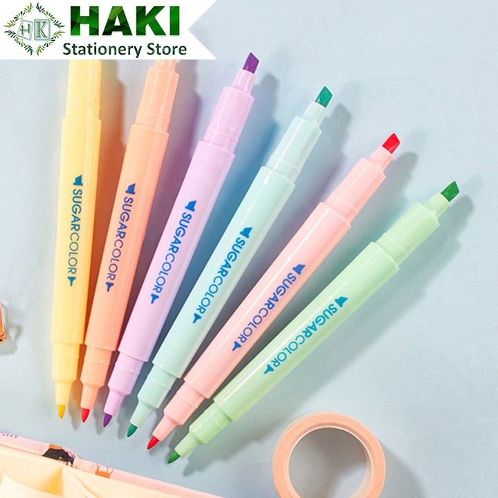 Bút highlight 2 đầu dạ quang HAKI, bút đánh dấu nhớ dòng cute nhiều màu marker dễ thương B10