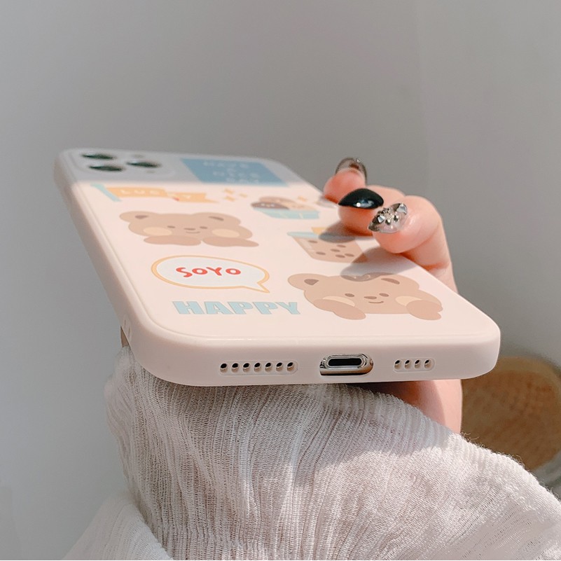 Ốp Lưng Iphone Cạnh Vuông Bảo Vệ Camera in hình Gấu Ngủ Gật và Icon Smile 7plus/8plus/x/xs/11/12/13/pro/max/promax