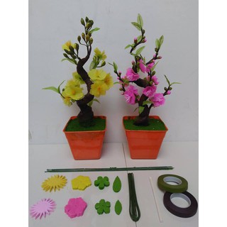 Hoa giấy lụa 1 bộ BONSAI HOA MAI CẢ CHẬU
