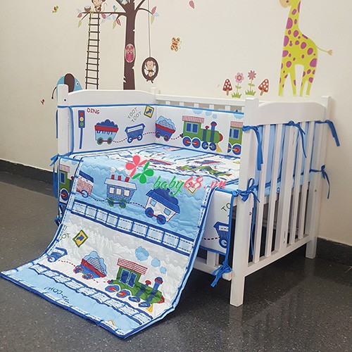 Bộ quây + drap 70x120 voi xanh, Hello kitty, Doremon, em bé khăn đỏ, xe lửa trắng