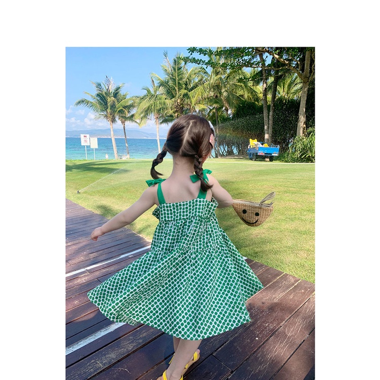 Đầm Công Chúa Hai Dây Mùa Hè Bằng Cotton Màu Xanh Lá Tươi Mới Phong Cách Phương Tây Cho Bé Gái 0329