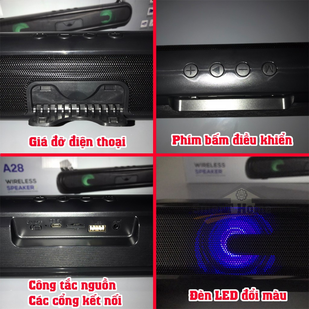 Loa Bluetooth Giá Rẻ A28 Có LED - Loa A28 Kết Nối AUX Với TV, PC ,Laptop Pin Trâu Dùng Hàng Giờ, Hỗ Trợ Khe Cắm Thẻ Nhớ