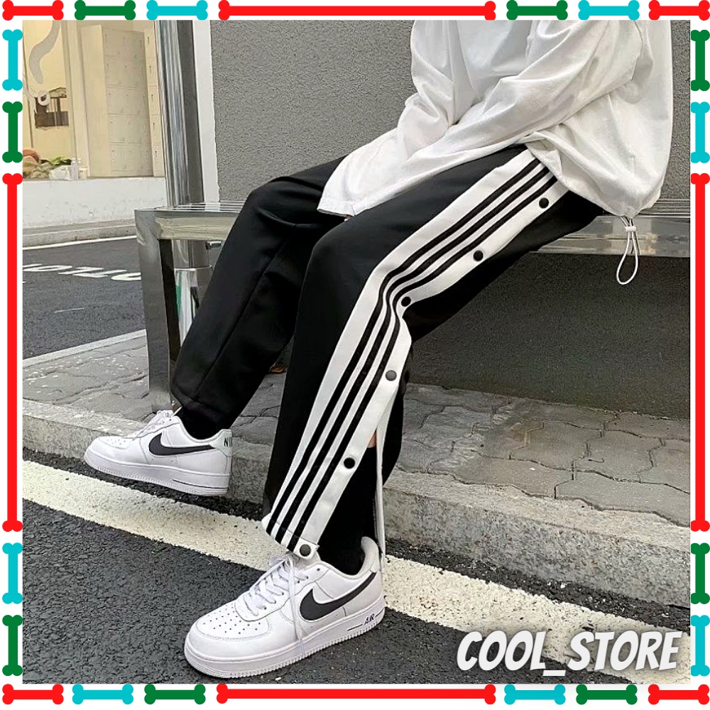 Quần suông ống rộng Sọc Trắng oversize xẻ tà cúc bấm thời trang nam nữ Cool_Store