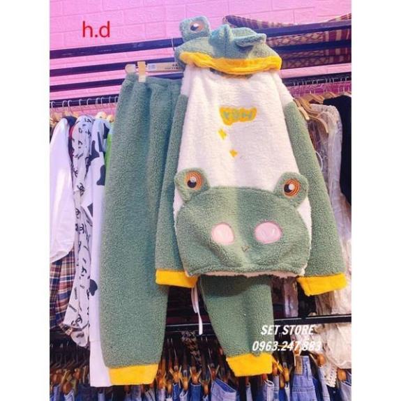 Bộ đồ ngủ mùa đông ẾCH XANH lông cừu giữ nhiệt tốt, bộ đồ mùa đông | BigBuy360 - bigbuy360.vn