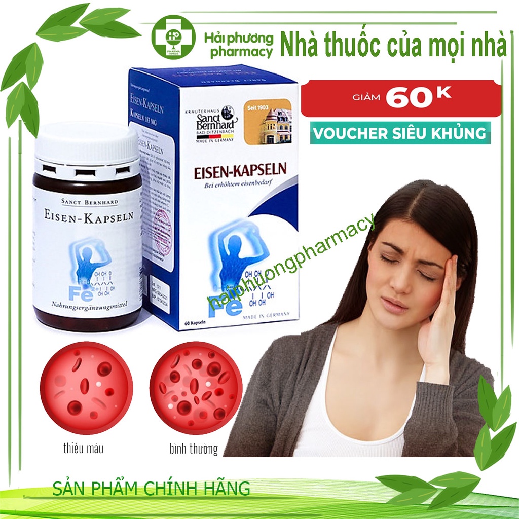 Viên uống bổ sung Sắt Eisen Kapseln cải thiện thiếu máu do thiếu sắt (Hộp 60 Viên) Chính hãng Sanct Bernhard Đức