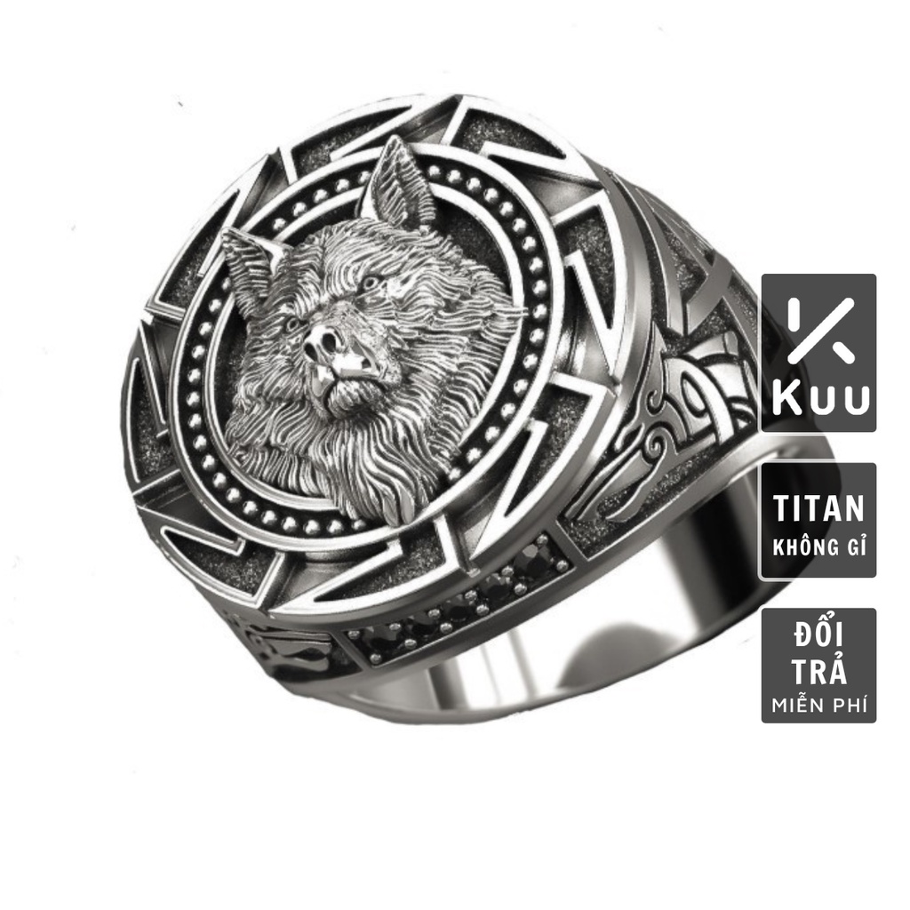 Nhẫn nam nữ tròn unisex Kuu Studio màu bạc thời trang chất Titan đẹp đơn giản không gỉ - Nhẫn Snow Wolf