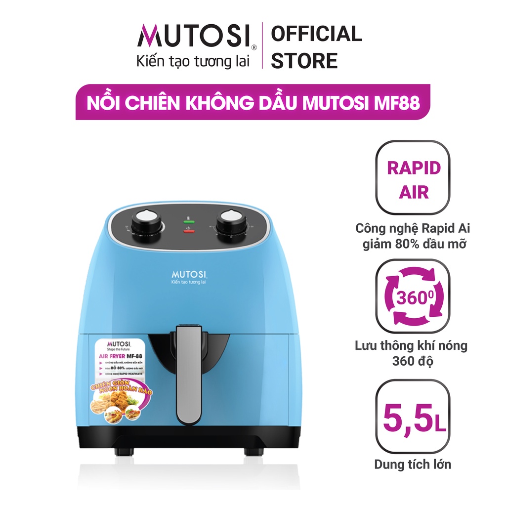 Nồi chiên không dầu Mutosi MF-88 (xanh), dung tích 5.5L, bảo hành 24 tháng