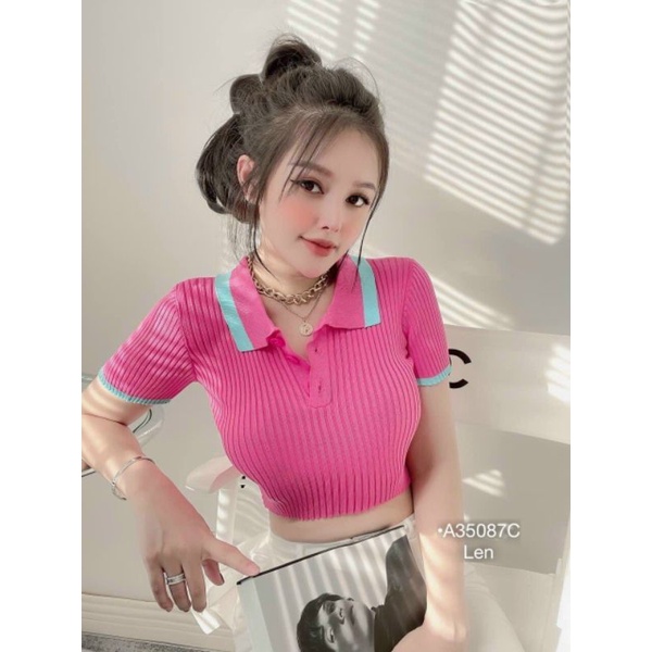 ÁO LEN CROP CỔ BẺ, ÁO CROP LEN SỌC