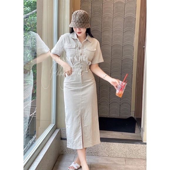 Váy nhung tăm 2 túi cúc đồng dáng dài 3 màu cho nữ