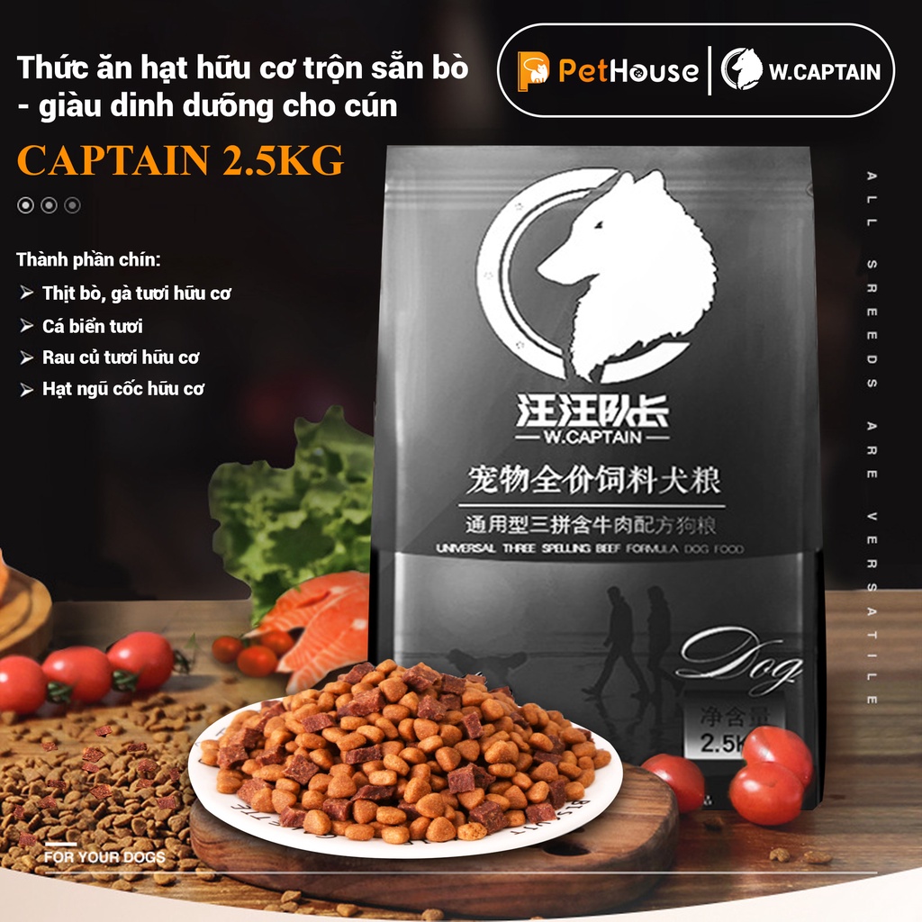Hạt thức ăn cún cưng Captain (Túi 2.5Kg) trộn lẫn thịt bò, rau củ