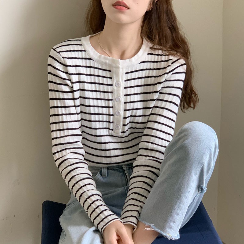 Áo sweater Dệt Kim Dáng Rộng Kẻ Sọc Ngang Đính Nút Nhiều Màu Sắc Trẻ Trung Cho 1 Người